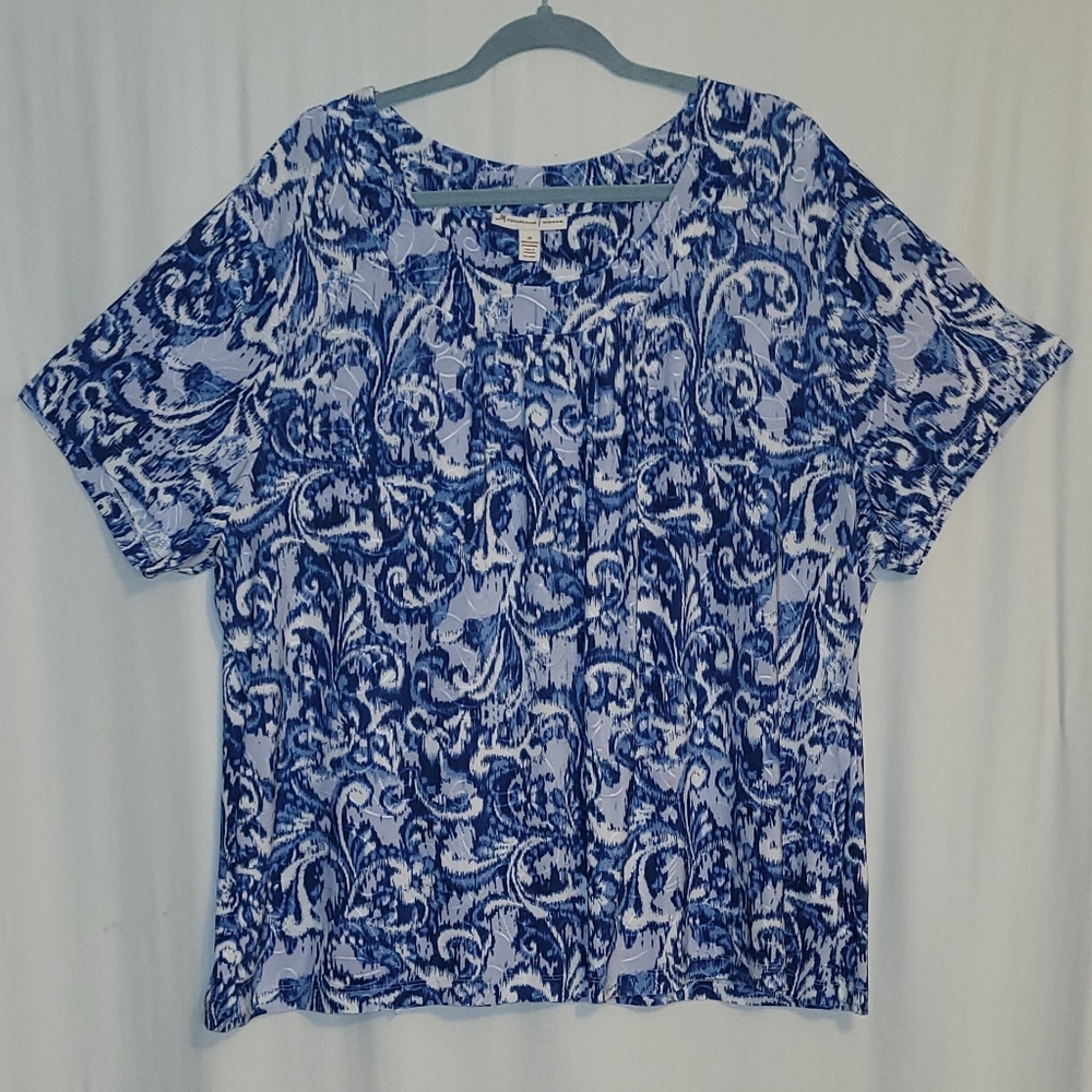 JM Collection Blue & White Short Sleeve Printed Top